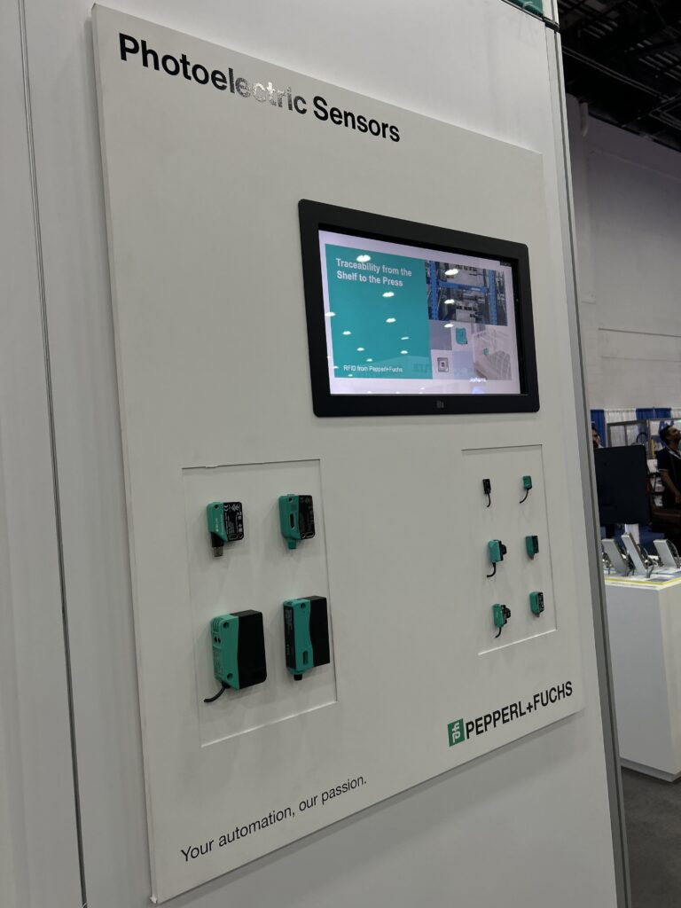 A variety of photoelectric sensors were on display at Pepperl+Fuchs booth at Automate 2025 in Detroit, Michigan.