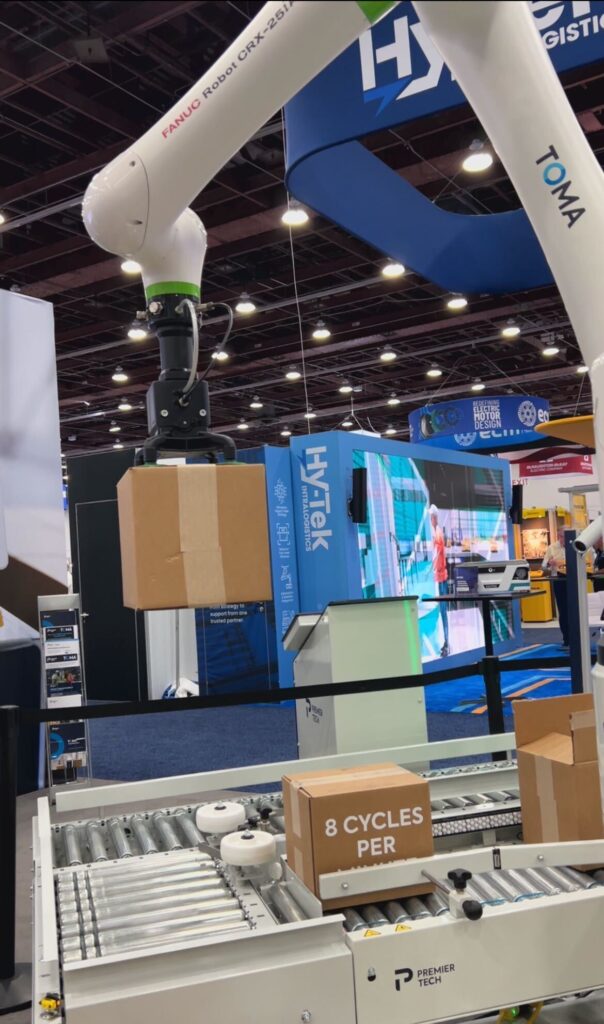 TOMA’s PAL Series palletizer can be integrated into existing packaging lines for end-of-line operations. It’s capable of handling a payload of up to 55 pounds and can run up to eight cycles per minute.
