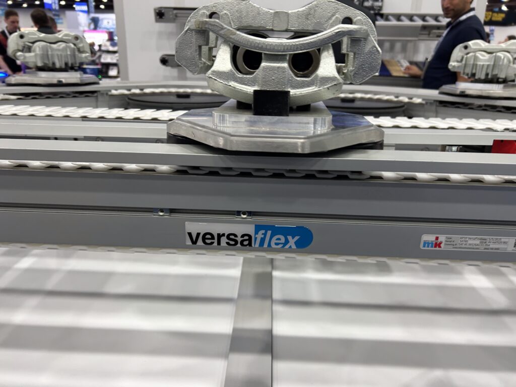 mk North America’s VersaFlex AP10 pallet conveyor features a stop setup with singulation and lift-and-locate technology.