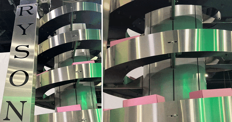 Ryson showcased its spiral conveyors at Pack Expo Southeast, highlighting their space-saving design and continuous flow capabilities. The systems operate at speeds over 200 feet per minute.