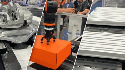 From pick-and place to robotic add-ons, mk North America's design to order conveyors fit any facility. This image shows mk's Versaflex (left), a shuttle system that's made possible through a collaboration with Igus' Rbtx platform (center), and a recirculating pallet system, the SPU 2040 (left).