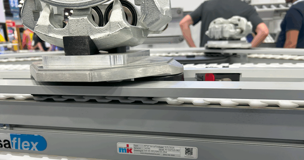 mk North America uses QR codes on each machine so users can access data by using their smartphones. It links to product pages, and any other documentation needed. In this picture, the QR code can be seen on mk's VersaFlex conveyor.