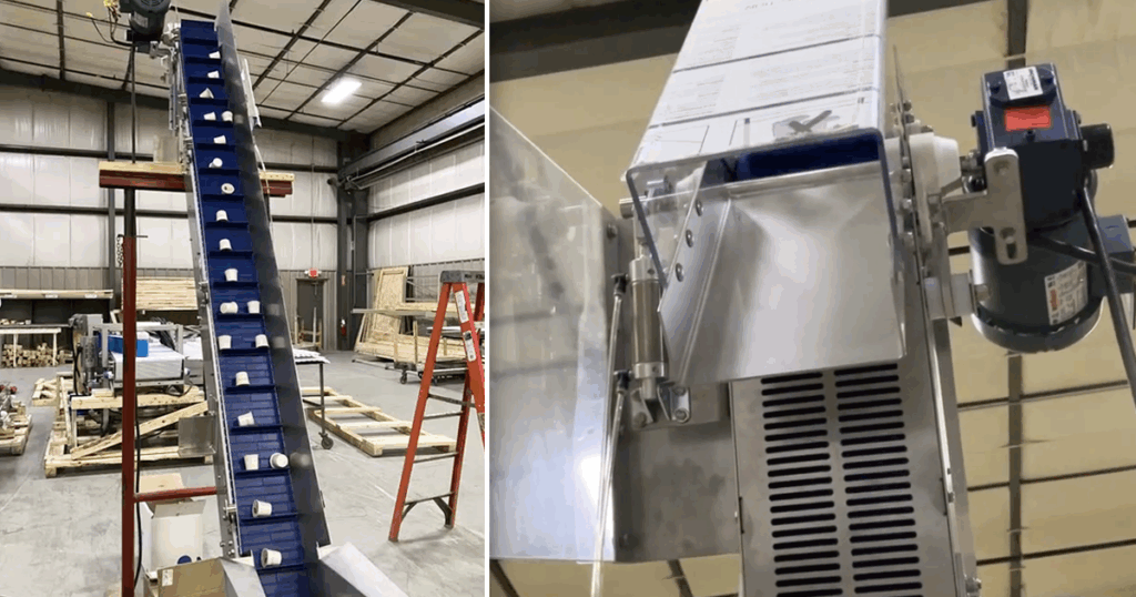 Multi-Conveyor built a material handling system to elevate and redirect single-serve coffee pods up to a metered scale. The system included a flighted conveyor (shown on the left) and a stainless-steel pneumatic actuated pivoting discharge chute with a cover (shown on the right) to redirect the overflow pods into a bulk container.