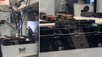B&R Industrial Automation's levitating magnet shuttles in motion at Pack Expo Southeast 2025 in Atlanta, Georgia. The system is designed to move individual products quickly and precisely for short-run packaging.
