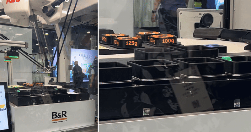B&R Industrial Automation's levitating magnet shuttles in motion at Pack Expo Southeast 2025 in Atlanta, Georgia. The system is designed to move individual products quickly and precisely for short-run packaging.