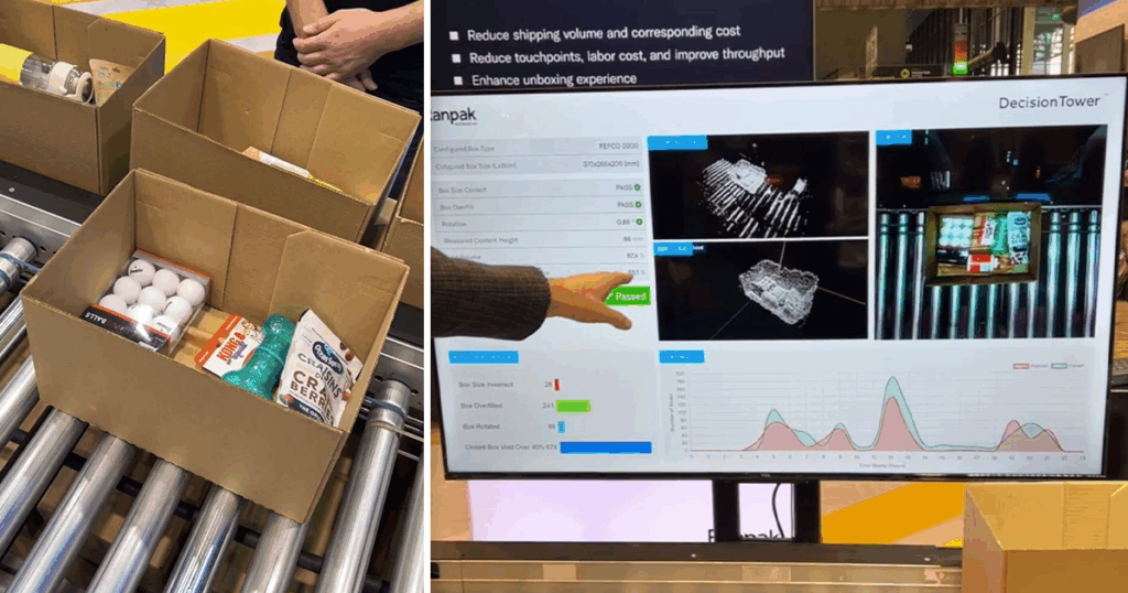 Ranpak's DecisionTower utilizes artificial intelligence (AI) to detect out-of-scope boxes to optimize packing and prevent machine stoppage. The demonstration included a variety of products including a dog toy, a food package, and golf balls (on the left side of the image.) Data-driven insights are shown on the right side of the image.