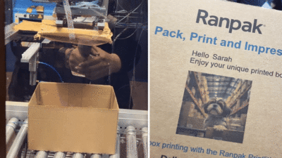To ensure precise placement, Ranpak's Pad'it inserts protective paper with a SCARA robot (on the left side of the image). Print'it delivers a personalized unboxing moment with an AI-generated image printed directly on the box (on the right side of the image).