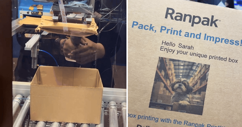 To ensure precise placement, Ranpak's Pad'it inserts protective paper with a SCARA robot (on the left side of the image). Print'it delivers a personalized unboxing moment with an AI-generated image printed directly on the box (on the right side of the image).