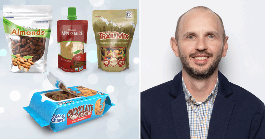 Jake Branyon, associate director of R&D at Toppan (right side of image) shared the various materials that the company deploys for flexible packaging products including polyester and polyethylene, used in products such as food packaging.