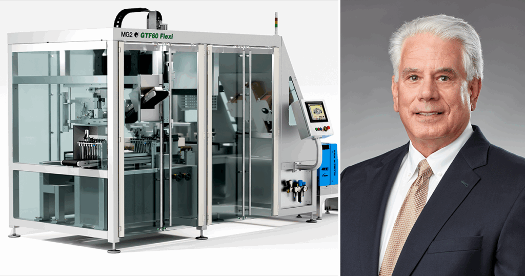 MG America's president Claudio Radossi (on the right side of the image) says the GTF60 Flexi is a "natural successor" to the GTF60 tray forming and loading platform. It runs as many as four cartons per cycle, tripling the maximum output of its predecessor.