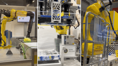 Fanuc’s M-10/12-14D robot performs tote consolidation with 2D/3D vision and RFID scanning (left side of image). The M-410/800F-32C industrial robot uses the Schmalz gripper for high-payload depalletizing up to 800 kilograms (center). The M-710/50-26D curved-arm robot handles medium package palletizing with 3DV/1600 vision sensor (right side of image).