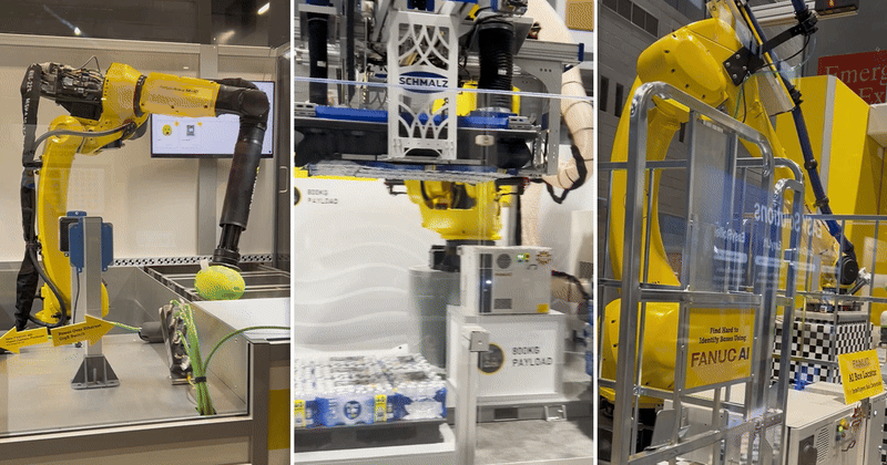 Fanuc’s M-10/12-14D robot performs tote consolidation with 2D/3D vision and RFID scanning (left side of image). The M-410/800F-32C industrial robot uses the Schmalz gripper for high-payload depalletizing up to 800 kilograms (center). The M-710/50-26D curved-arm robot handles medium package palletizing with 3DV/1600 vision sensor (right side of image).