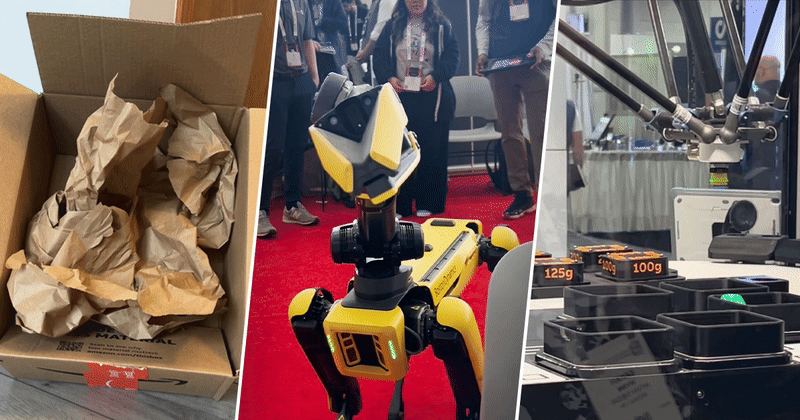Amazon replaced single-use plastic with paper filler in e-commerce packaging (left). Boston Dynamics’ Spot robot on display during WTWH’s 2025 Robotics Summit in Boston, Massachusetts (center). B&R Industrial Automation’s magnetic shuttle system can be deployed for short-run packaging (right).