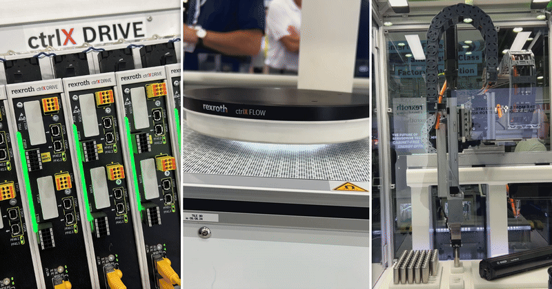 From left to right: Bosch Rexroth’s ctrlX drive offers modular, space-saving automation; the ctrlX Flow 6D enables smart magnetic conveyance with six degrees of freedom; and the linear motion cartesian system supports high-speed, high-accuracy pick-and-place applications for packaging lines.