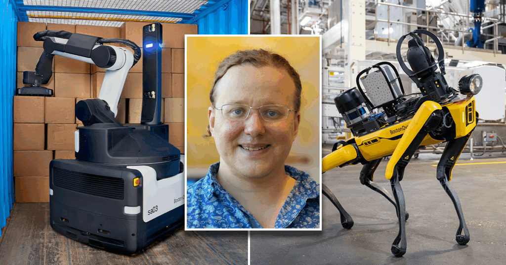 Boston Dynamics’ Stretch robot, designed for case handling and warehouse automation in packaging operations (left). Matt Malchano, vice president of software at Boston Dynamics (center). Spot, the mobile quadruped robot, supports industrial inspection and automation in packaging and logistics environments (right).