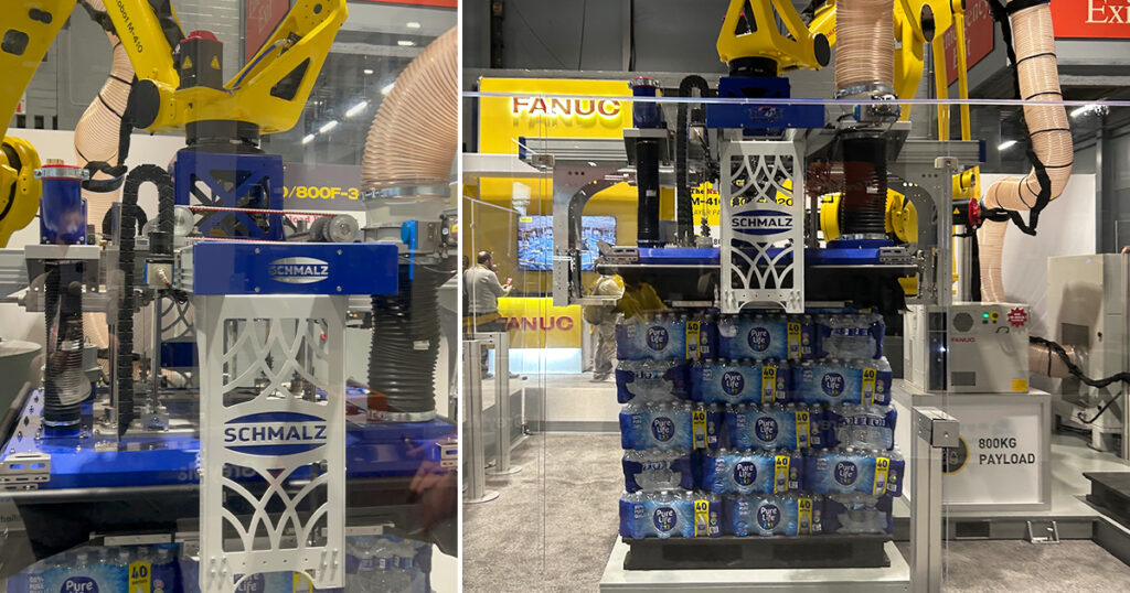 Fanuc’s M-410/800F-32C industrial robot moves 170 kg of palletized water using the high-throughput Schmalz gripper (left side of image). Equipped with the R-50iA controller, this system can handle payloads up to 800 kilograms while performing precise pallet layer depalletizing (right side of image).