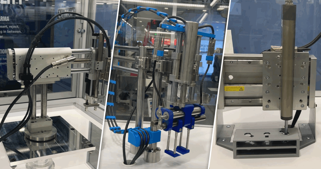 At Pack Expo Southeast, LinMot USA demonstrated a range of robotic motion systems, including the GM50 high-speed electric gripper designed for lightweight pick-and-place applications (left), the GM01 hygienic electric gripper for washdown environments in food and beverage packaging (center), and the PR02 linear rotary motor with optional integrated force and torque sensors for precise motion control (right).