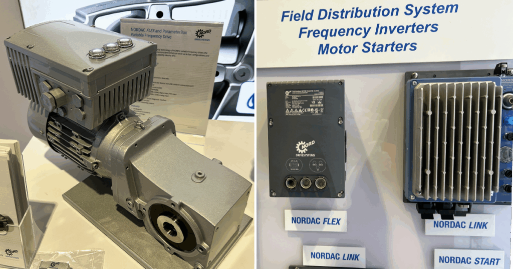 Nord Drivesystems displayed its Nordac Flex variable frequency drive with parameter box for precise control (left side of image) at ProMat in Chicago, along with its Nordac Flex and Nordac Link decentralized drives, which can be mounted near motors for flexible packaging line integration. Source: Sarah Wynn