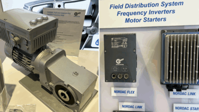 Nord Drivesystems displayed its Nordac Flex variable frequency drive with parameter box for precise control (left side of image) at ProMat in Chicago, along with its Nordac Flex and Nordac Link decentralized drives, which can be mounted near motors for flexible packaging line integration. Source: Sarah Wynn