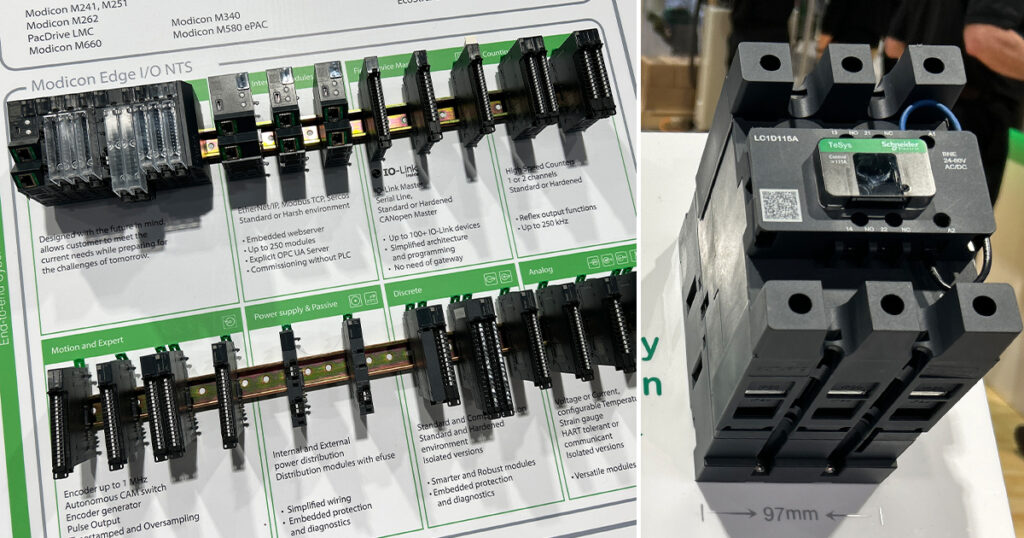Schneider Electric’s Modicon Edge I/O NTS distributed I/O platform (left side of image) and TeSys Deca Advanced energy-efficient motor contactor (right side of image) on display at ProMat 2025 in Chicago. These automation solutions enhance packaging line efficiency, connectivity, and process safety for machine builders and OEMs.