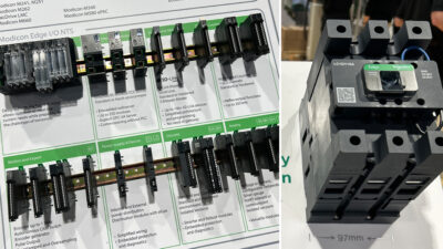 Schneider Electric’s Modicon Edge I/O NTS distributed I/O platform (left side of image) and TeSys Deca Advanced energy-efficient motor contactor (right side of image) on display at ProMat 2025 in Chicago. These automation solutions enhance packaging line efficiency, connectivity, and process safety for machine builders and OEMs.