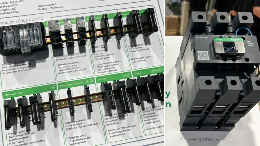 Schneider Electric’s Modicon Edge I/O NTS distributed I/O platform (left side of image) and TeSys Deca Advanced energy-efficient motor contactor (right side of image) on display at ProMat 2025 in Chicago. These automation solutions enhance packaging line efficiency, connectivity, and process safety for machine builders and OEMs.
