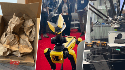 Amazon replaced single-use plastic with paper filler in e-commerce packaging (left). Boston Dynamics’ Spot robot on display during WTWH’s 2025 Robotics Summit in Boston, Massachusetts (center). B&R Industrial Automation’s magnetic shuttle system can be deployed for short-run packaging (right).
