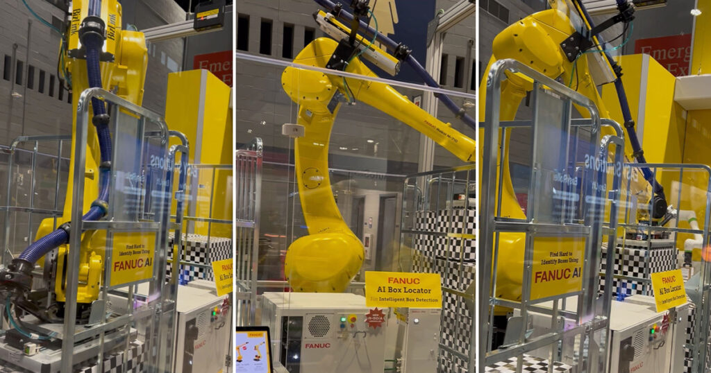 Fanuc’s M-710/50-26D curved-arm industrial robot handles cart-to-cart palletizing of medium-sized packages. The enclosed joints and extended reach improve access inside pallets. Equipped with the 3DV/1600 3D vision sensor, it captures detailed images for precise box locating and picking. Source: Sarah Wynn