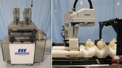 Morrison Container Handling Solutions’ redesigned Screw Denester (left) separates and places containers, while the Robotic Orienting System (right) maintains orientation on multiple container types