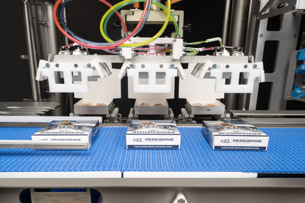 The Peregrine robotic cartoning system automates forming, loading, and closing cartons for bakery items like snack cakes and frozen foods. It’s equipped with vision-guided robotics and offers a compact footprint. 