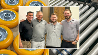 Conveyer & Caster is a fourth-generation material handling business based in Westlake, Ohio. Founded in 1961 by Albert Stohr. Sr., the company remains in the family to this day. Current family leadership is pictured from left to right: president Trevor Stohr, CEO Jeff Stohr, business development representative Travis Stohr, and director of technical sales, Tyler Stohr. The organization provides casters (pictured in the background on the left side) and conveyance equipment (pictured in the background on the right) for packaging machine builders.