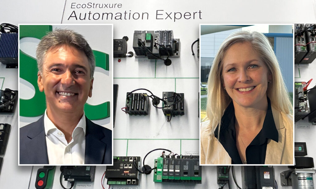 EcoStruxure Automation Expert on display (background) at Schneider Electric’s Houston Innovation Lab. On the left, Ali Haj Fraj, Schneider's senior vice president, digital factory, discussed the platform's role in open, software-defined automation for packaging lines. On the right, Richella Odebrecht, Schneider's senior vice president, marketing, and CMO of industrial automation, shared a customer story about open automation.