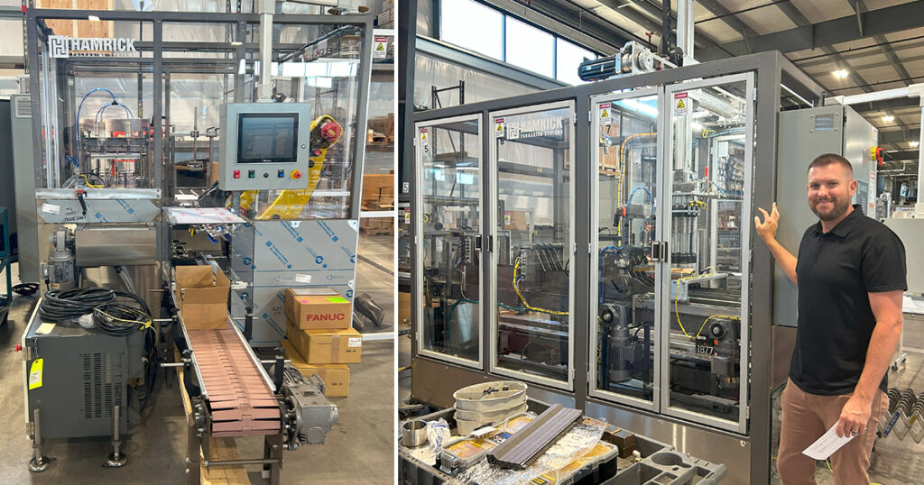 Hamrick Packaging previewed the machinery it will demonstrate at Pack Expo Las Vegas with Packaging OEM in August 2025. The ComboBot robotic case packer, engineered for tight spaces, is shown on the left side of the image. CEO Jordan Hamrick stands next to the company’s 600 Series drop packer inside its production facility in Kent, Ohio. Source: Sarah Wynn