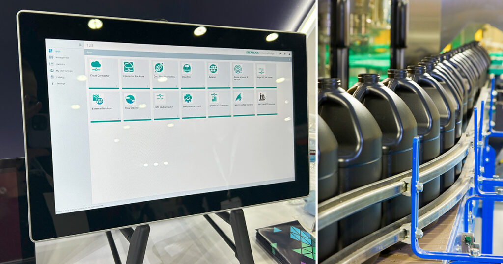 Novakon’s NPP Series panel PC (left) is certified for Siemens Industrial Edge, enabling predictive maintenance and performance monitoring on packaging lines (right).