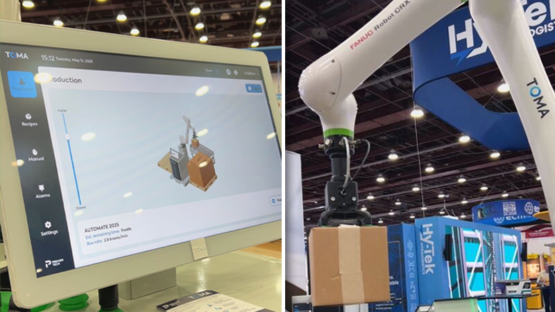 The Toma collaborative robot (cobot) palletizer uses Premier Tech's MOVN software (shown on left) with a Fanuc CRX-30iA robot (right) for end-of-line automation.