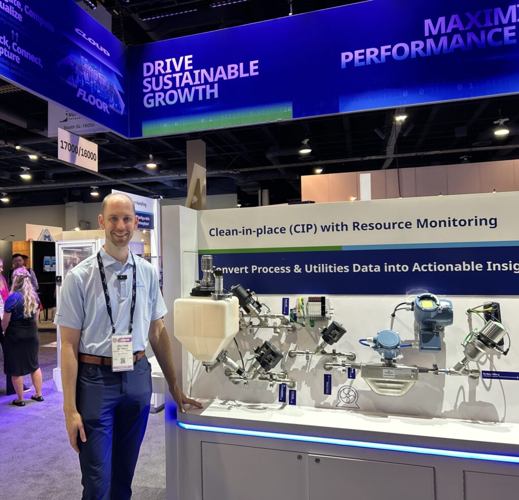 Jonathan Mitchell, senior applications engineer at Emerson, walked Packaging OEM through a clean-in-place (CIP) demo, equipped with resource monitoring, at Pack Expo Las Vegas.