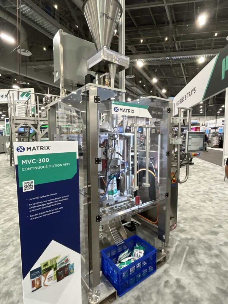 Matrix, a ProMach brand, displayed its MVC Series of vertical form fill seal machines at Pack Expo Las Vegas. These machines can handle a variety of films and are ideal for food products such as snacks, frozen foods, cheese, and more.