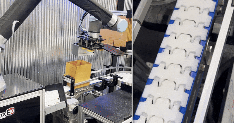 Flex-Line Automation’s Cathy Rinne joined The Downtime podcast to talk about material handling systems, highlighting the boxEZ case erector (left) and a flexible chain conveyor (right) that help manufacturers move and package products efficiently.