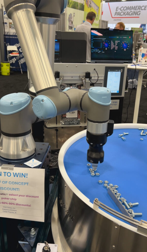 PAC Machinery demonstrated a kitting application feeder at Pack Expo 2025 at the Las Vegas Convention Center. The system was developed in partnership with MSD Sales and pairs the Rollbag R785 with a robotic kitting solution for high-precision part handling and packaging. Source: Sarah Wynn