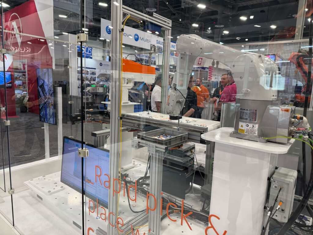 A Kuka rapid pick-and-place robot moves poker chips at Pack Expo 2025 at the Las Vegas Convention Center.