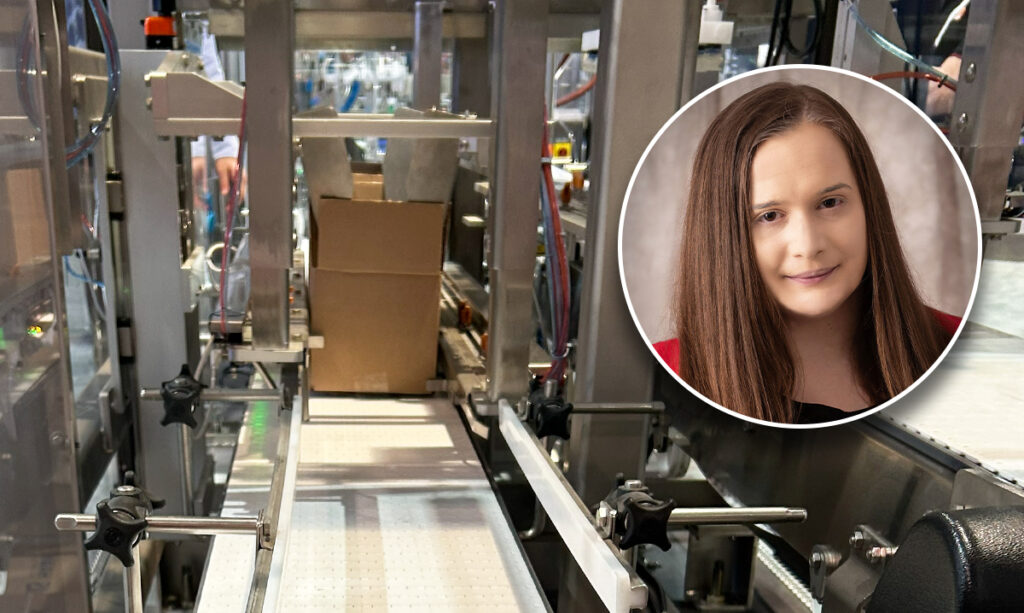 JLS Automation’s Peregrine robotic cartoning system, equipped with a vision system for bakery items like snack cakes and frozen finger foods (background image), and Sarah Wynn, senior editor at WTWH Media’s Packaging OEM, who covered Pack Expo Las Vegas from the show floor (right).