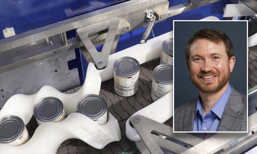 Combining system moving containers (left) with Dustin Lee, vice president of sales at Morrison Container Handling Solutions (right). Lee commented on how Morrison works closely with OEMs to solve challenges and keep packaging lines running efficiently.