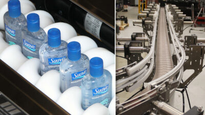 Timing screws moving rigid plastic bottles of hair gel (left) and auto-adjust rails (right) at Morrison Container Handling Solutions, keeping a wide range of products, from ice cream to peanut butter, moving smoothly through packaging lines.