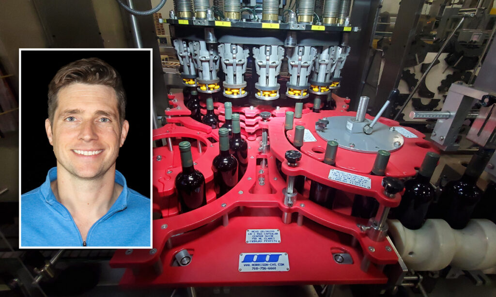 Ryan Finke, vice president of engineering at Morrison Container Handling Solutions (left), with change parts and timing screws in action, controlling wine bottles on a packaging line. Source: Morrison Container Handling Solutions