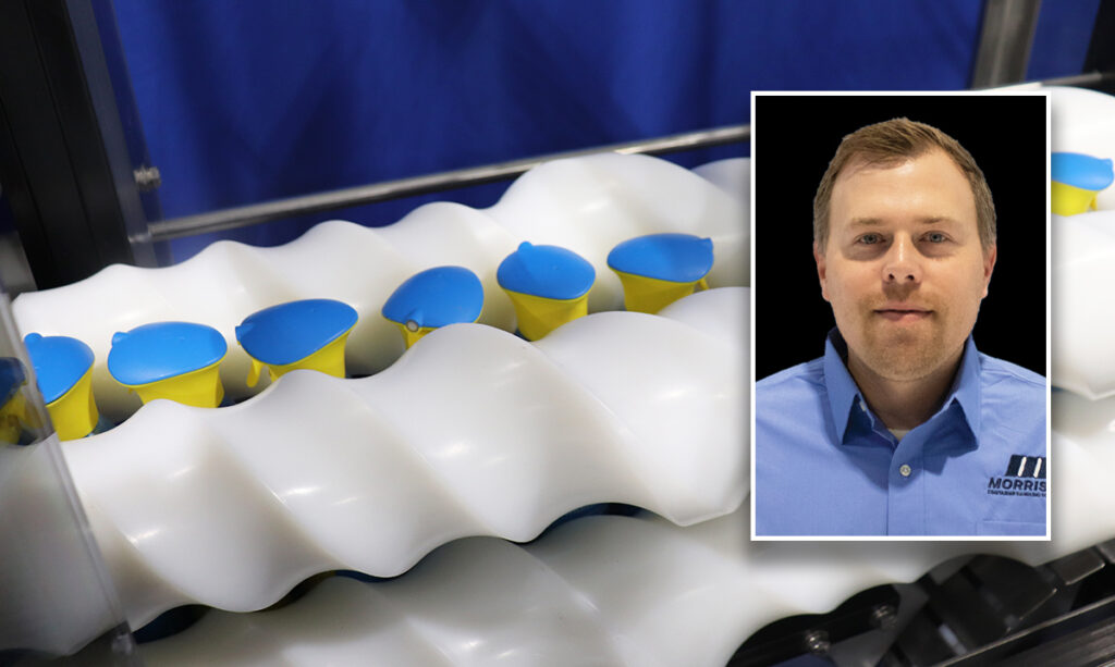 Timing screws moving household supply containers (left) with Seth Licke, director of assembly operations and service at Morrison Container Handling Solutions (right). Licke commented on how these components are fundamental to the packaging process and help tie machines together for reliable line operation.