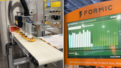 At Pack Expo Las Vegas, Fanuc’s dual-arm cobot stacks cookie trays while Formic’s AI-powered dashboard displays real-time production data, showcasing how robotics and artificial intelligence are shaping packaging automation.
