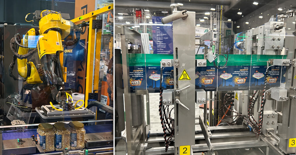Formic highlighted AI-driven automation at Pack Expo Las Vegas (left), while Bartelt Packaging showcased its MAG-B horizontal form fill seal machine (right) with magnetic linear track technology and recipe-driven changeovers for flexible packaging. Sarah Wynn discussed these topics in this episode.