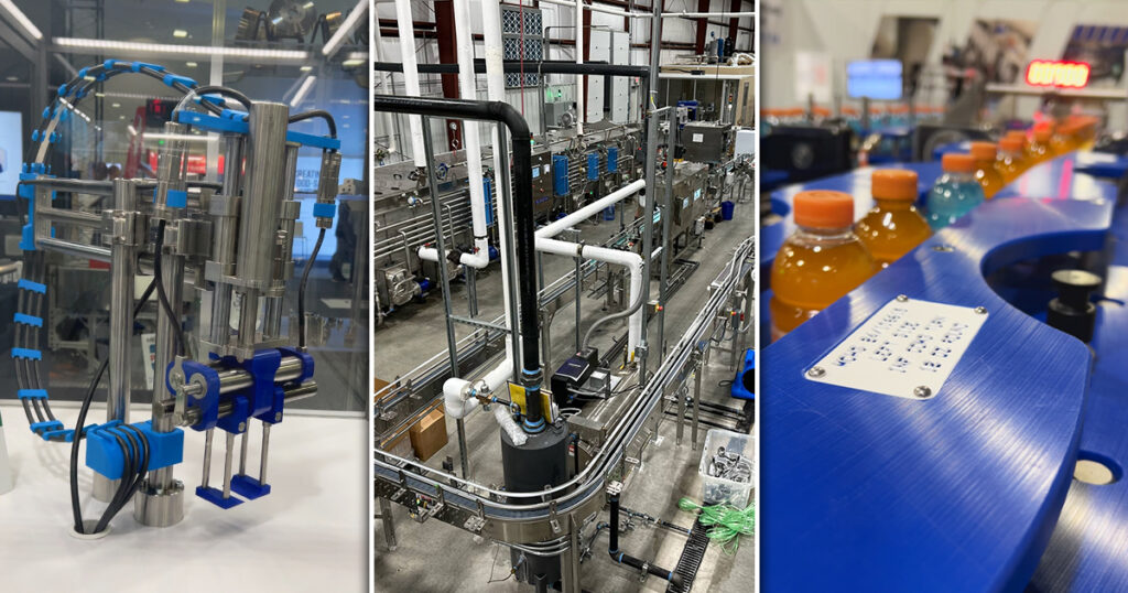 Recapping Packaging OEM coverage from 2025, including: LinMot USA's GM01 hygienic electric gripper (left), Coal'd Water's co-packing line, which integrates multiple OEM systems (center), and Morrison Container Handling Solution's Smart Divider-Combiner.