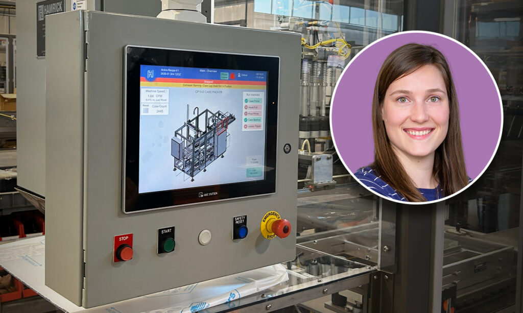 Weintek human machine interface (HMI) on the shop floor at Hamrick Packaging Systems in Kent, Ohio, on August 19, 2025, showing HMIs used in OEM collaborations for packaging machines (background of image). Nikki Gonzales, director of business development at Weintek, co-founder of Automation Ladies and OT SCADA CON, and guest on The Downtime podcast.