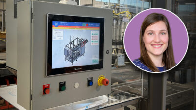 Weintek human machine interface (HMI) on the shop floor at Hamrick Packaging Systems in Kent, Ohio, on August 19, 2025, showing HMIs used in OEM collaborations for packaging machines (background of image). Nikki Gonzales, director of business development at Weintek, co-founder of Automation Ladies and OT SCADA CON, and guest on The Downtime podcast.